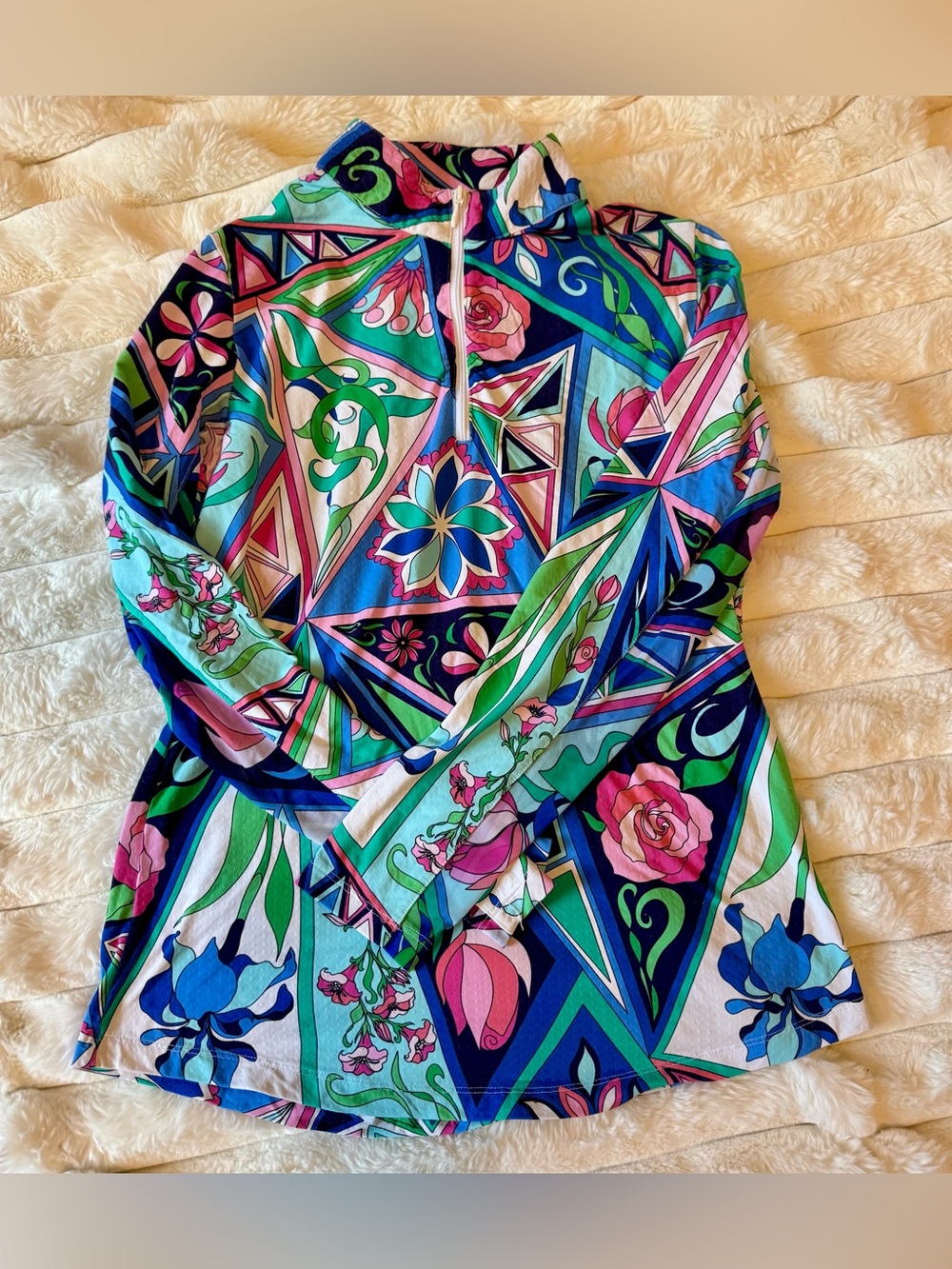 G LIFESTYLE Pink Blue Roses Floral Small Mock Zip Golf Tennis Pickleball Lilly